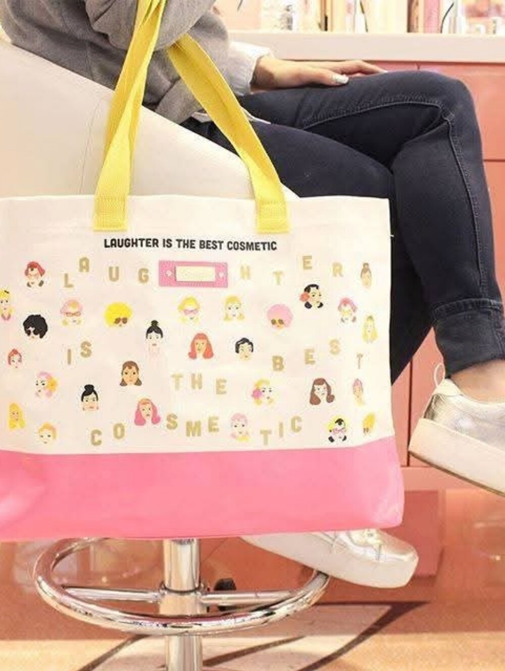 Benefit Beauty Cream Canvas Tote with Pink Base and Yellow Straps Ladies Faces - Picture 9 of 9